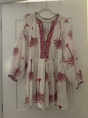 Alix Of Bohemia White Long-Sleeve Tunic Dress with Pink Floral Embroidery